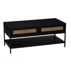 49 in. Black Oak Finish Rectangle Particle Board Coffee Table With Woven Rattan Drawers by HOUSEHOLD ESSENTIALS