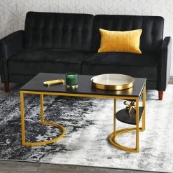 Half-Moon 39.37 in. Black Oak Finsh Rectangle Particle Board Coffee Table With Metal Gold Frame by HOUSEHOLD ESSENTIALS -Richelieu Hardware Sales black wood grain household essentials coffee tables hh8252 1 31 1000
