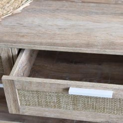 31.29 in. Coastal Oak Rectangle Particle Board Console Table with White Metal Frame and Woven Rattan Drawers by HOUSEHOLD ESSENTIALS -Richelieu Hardware Sales coastal oak finish household essentials console tables hh8266 1 1d 1000