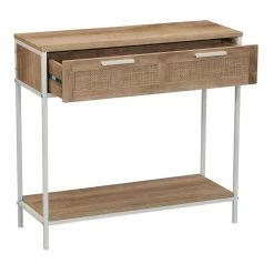 31.29 in. Coastal Oak Rectangle Particle Board Console Table with White Metal Frame and Woven Rattan Drawers by HOUSEHOLD ESSENTIALS -Richelieu Hardware Sales coastal oak finish household essentials console tables hh8266 1 e1 1000