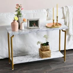 43.7 in. White Marble-Like Rectangle Particle Board Crown Sofa Table with Gold Metal Frame by HOUSEHOLD ESSENTIALS -Richelieu Hardware Sales faux marble household essentials console tables hh8246 1 76 1000