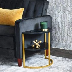 19.48 in. Black Half-Moon Particle Board Accent End Table with Gold Frame and 2-Tier Open Storage Shelves by HOUSEHOLD ESSENTIALS -Richelieu Hardware Sales gold and black oak finish household essentials end side tables hh8250 1 31 1000