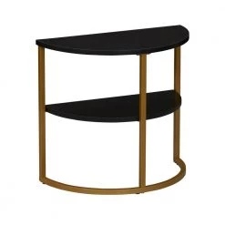 19.48 in. Black Half-Moon Particle Board Accent End Table with Gold Frame and 2-Tier Open Storage Shelves by HOUSEHOLD ESSENTIALS