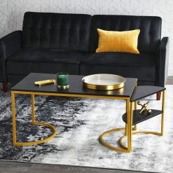 19.48 in. Black Half-Moon Particle Board Accent End Table with Gold Frame and 2-Tier Open Storage Shelves by HOUSEHOLD ESSENTIALS -Richelieu Hardware Sales gold and black oak finish household essentials end side tables hh8250 1 fa 1000