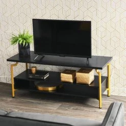47 in. x 18 in. Wood, Crown Modern TV Stand, Black Oak by HOUSEHOLD ESSENTIALS -Richelieu Hardware Sales gold and black oak finish household essentials tv stands hh8241 1 31 1000