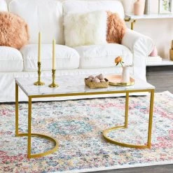 Half-Moon 39.37 in. White Faux Marble Rectangle Particle Board Coffee Table With Gold Metal Frame by HOUSEHOLD ESSENTIALS -Richelieu Hardware Sales white faux marble household essentials coffee tables hh8253 1 31 1000