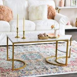 Half-Moon 39.37 in. White Faux Marble Rectangle Particle Board Coffee Table With Gold Metal Frame by HOUSEHOLD ESSENTIALS -Richelieu Hardware Sales white faux marble household essentials coffee tables hh8253 1 44 1000