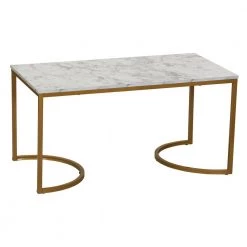 Half-Moon 39.37 in. White Faux Marble Rectangle Particle Board Coffee Table With Gold Metal Frame by HOUSEHOLD ESSENTIALS