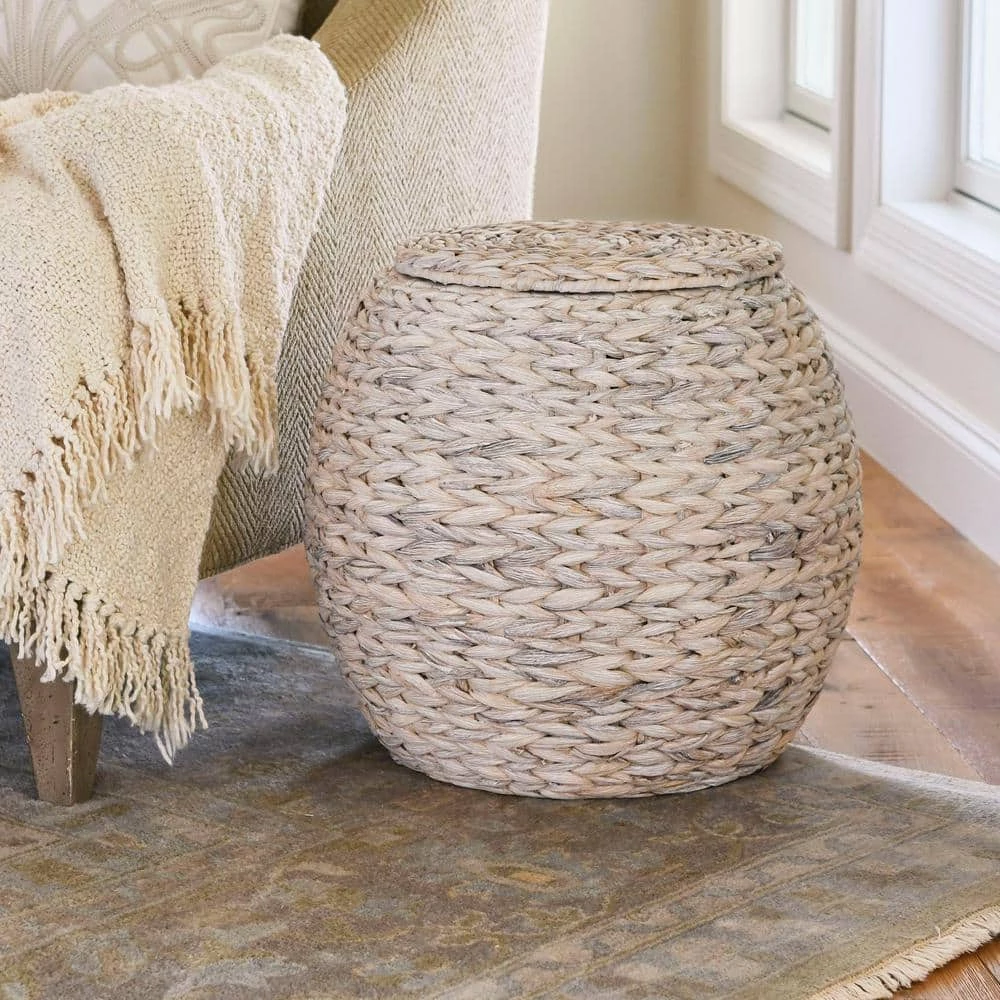 17 in. Barrel Basket Side Table in Hyacinth White Wash by HOUSEHOLD ESSENTIALS 4 17 in. Barrel Basket Side Table in Hyacinth White Wash by HOUSEHOLD ESSENTIALS - Image 2